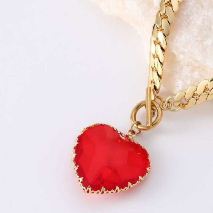 Oversized Faceted Heart Gem Curb Chain Toggle Choker, Cuban Link Love Statement Necklace For Women
