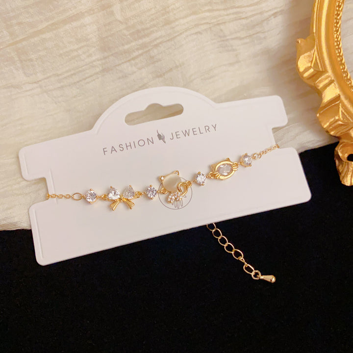 Cute Cat & Bow Diamond Chain Bracelet, Adjustable Dainty Wrist Jewelry in Gold & Silver Tone for Women