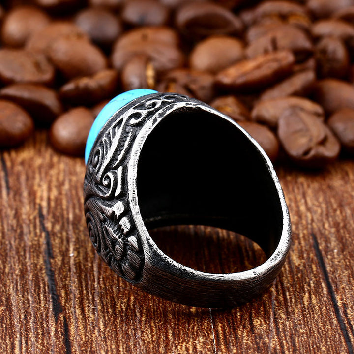 Vintage Carved Signet Ring, Oval Turquoise &amp; Black Onyx Gemstone Men’s Statement Ring