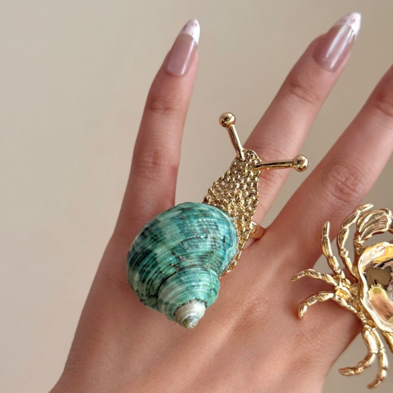 2 Styles Ocean Animal Sculpted Statement Ring, 18K Gold Crab & Natural Shell Snail