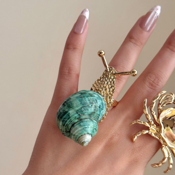 2 Styles Ocean Animal Sculpted Statement Ring, 18K Gold Crab & Natural Shell Snail