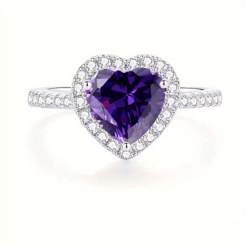 Heart Colored Gem Diamond Halo Ring, Adjustable Opening Romantic Love Ring