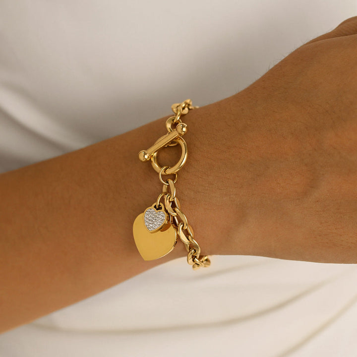 Heart-Shaped Diamond Pendant Bracelet, Hip-Hop Style Cuban Link Bracelet