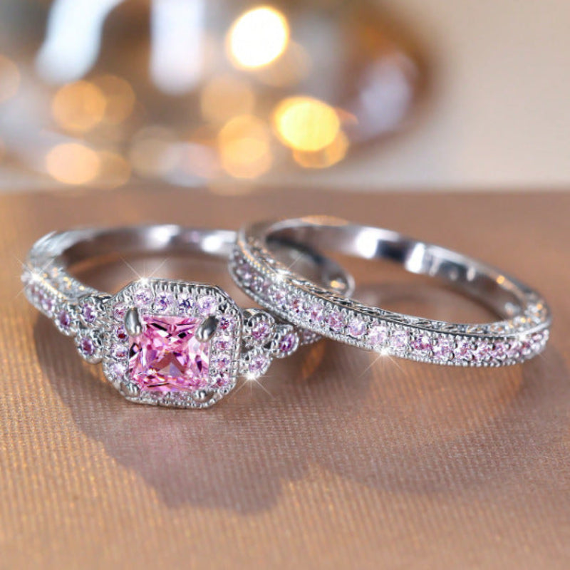 Cushion Cut Halo Bridal Ring Duo, Vintage Pave Stackable Stackable rings