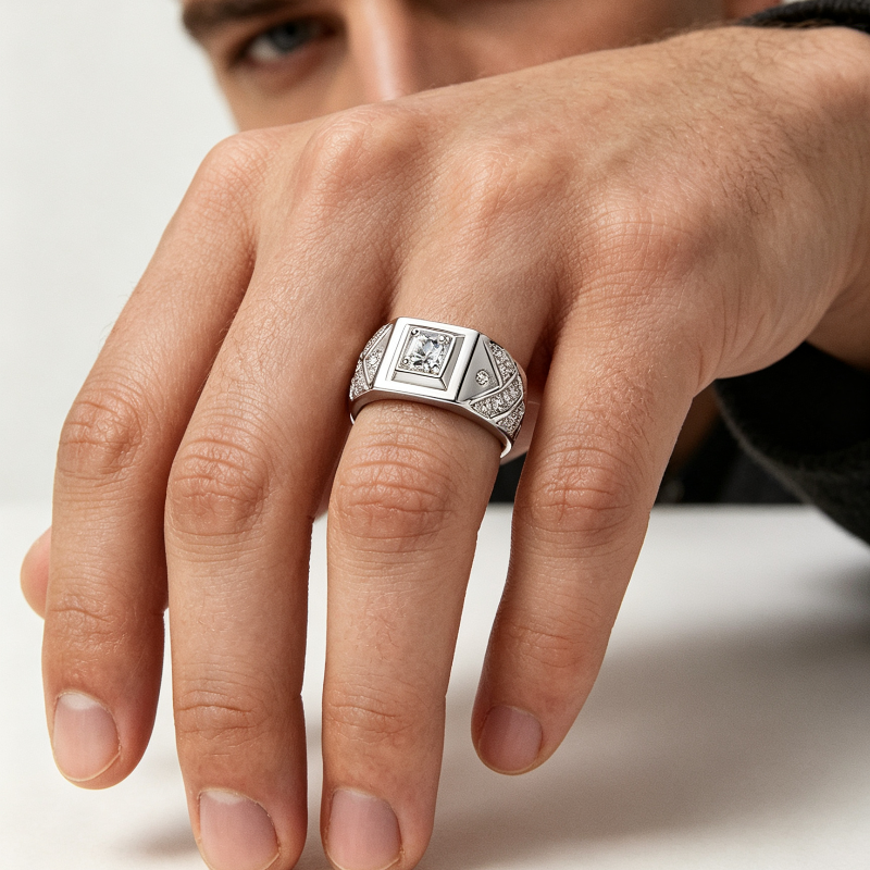 Geometric Square Center Diamond Men’s Adjustable Ring, Wide Band Statement Ring