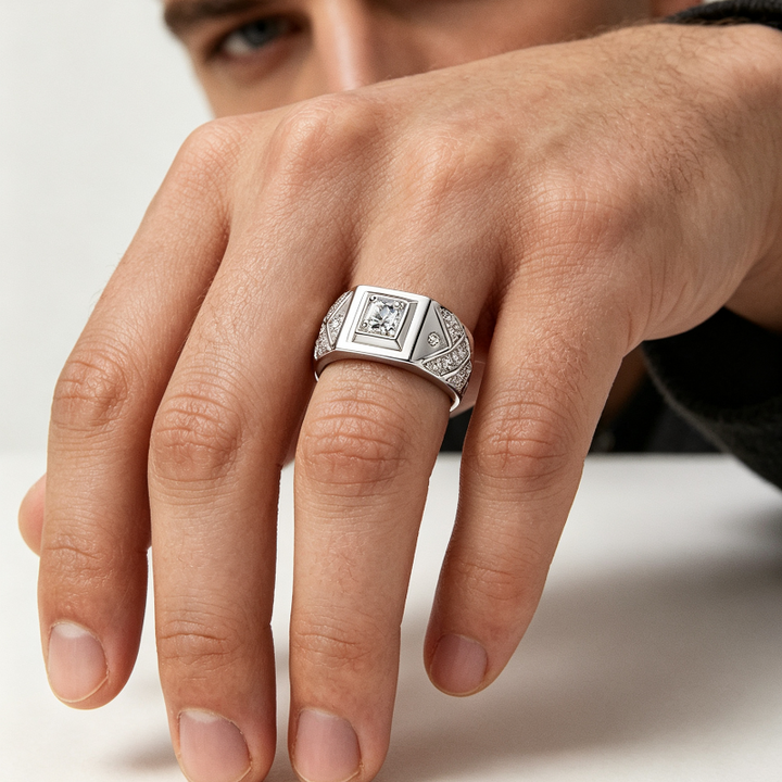 Geometric Square Center Diamond Men’s Adjustable Ring, Wide Band Statement Ring