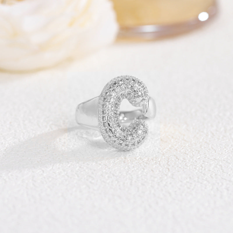 Adjustable Open Iced‑Out Initial Letter Diamond Ring, 26‑Alphabet Statement Unique Style Ring
