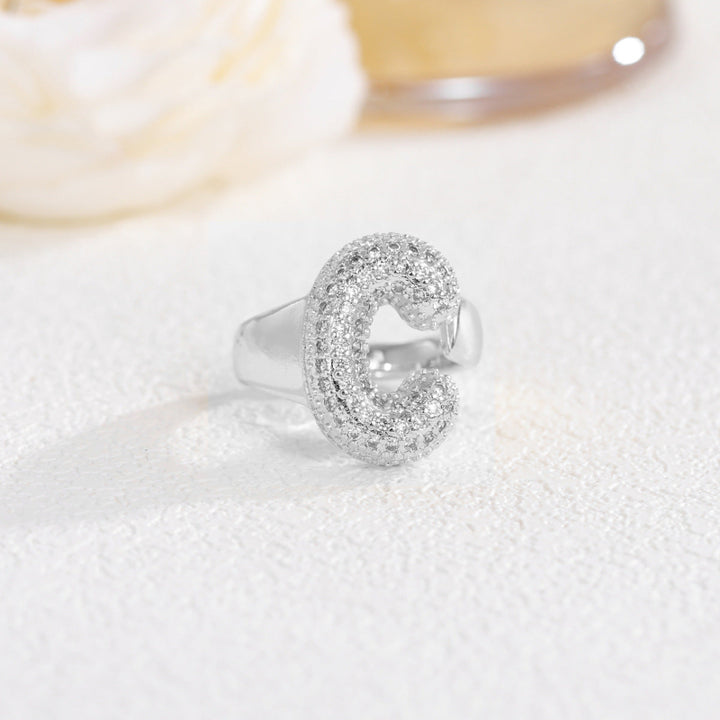 Adjustable Open Iced‑Out Initial Letter Diamond Ring, 26‑Alphabet Statement Unique Style Ring
