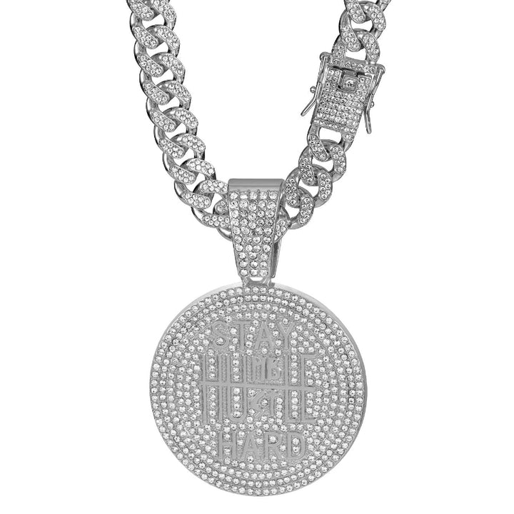 Round Diamond Pendant Cuban Chain Necklace, Unisex Hip Hop Motivational Statement Jewelry