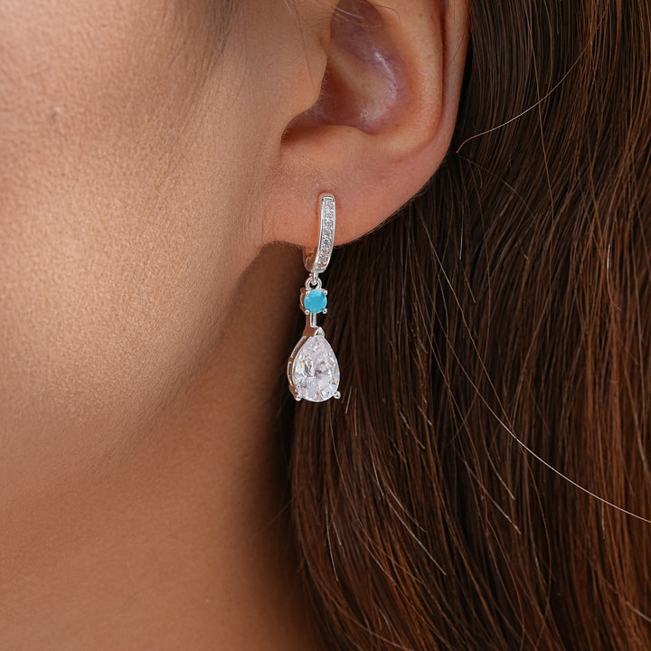 Teardrop Dangle Huggie Earrings, Turquoise Accent Drop Earrings for Women, Elegant Daily &amp; Party Jewelry
