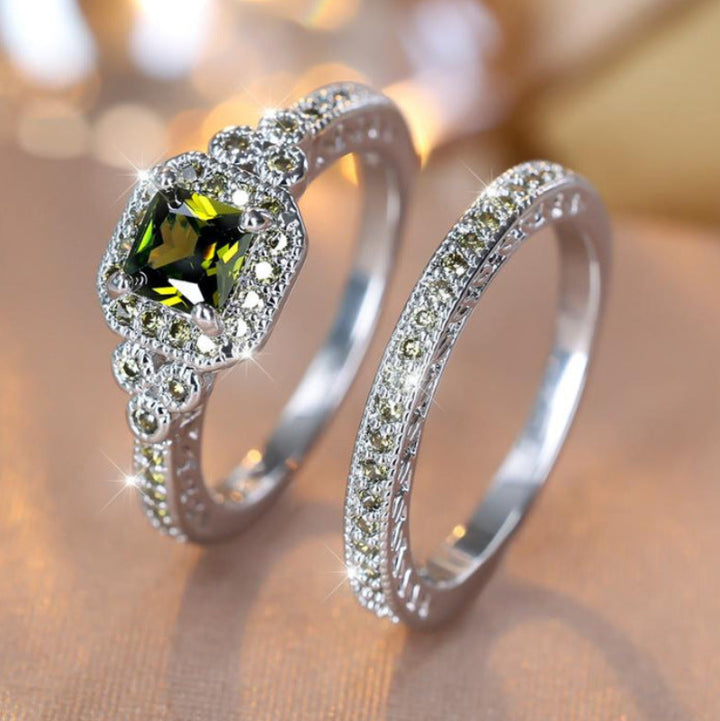 Cushion Cut Halo Bridal Ring Duo, Vintage Pave Stackable Stackable rings