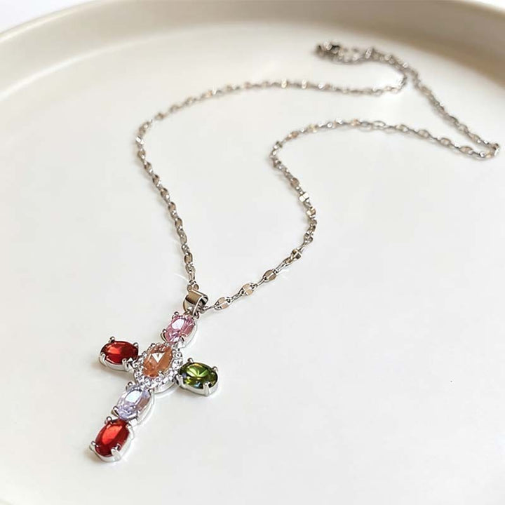 Colorful Gem Cross Pendant Necklace, Ideal for Birthday &amp; Christmas Gift for Women