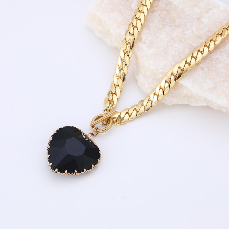 Oversized Faceted Heart Gem Curb Chain Toggle Choker, Cuban Link Love Statement Necklace For Women