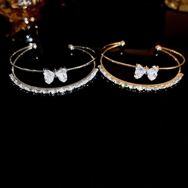 Double Layer Butterfly Diamond Open Cuff Bangle, Heart Stone Bow Stackable Bracelet