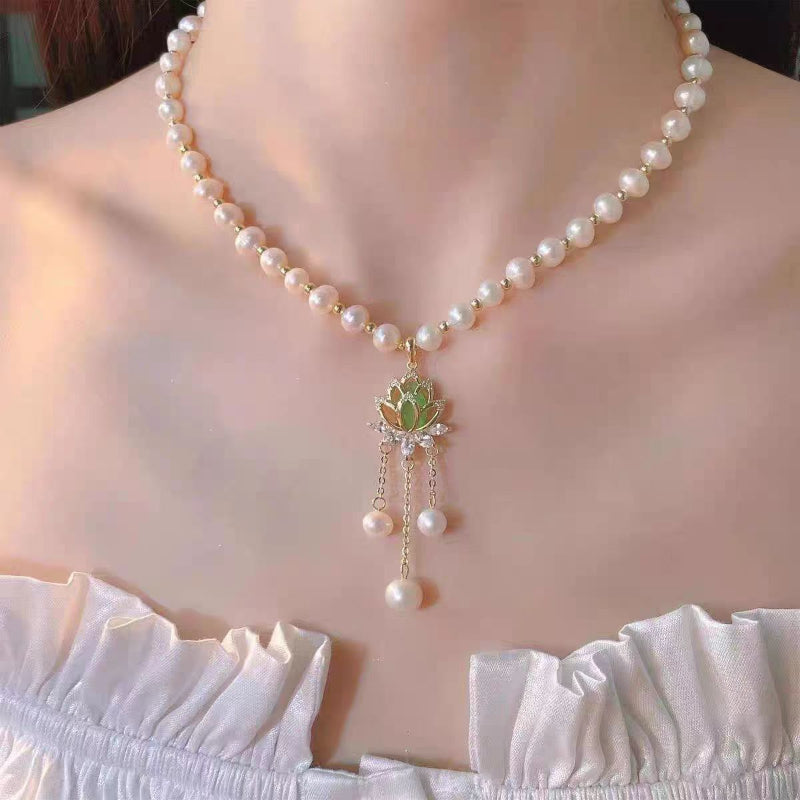 Freshwater Pearl Lotus Tassel & Teardrop Pink Gem Granulated Bezel Dainty Collarbone Jewelry For Women