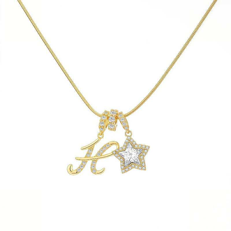 Cursive Initial Letter Diamond Star Pendant Necklace, 26‑Alphabet Snake Chain Necklace