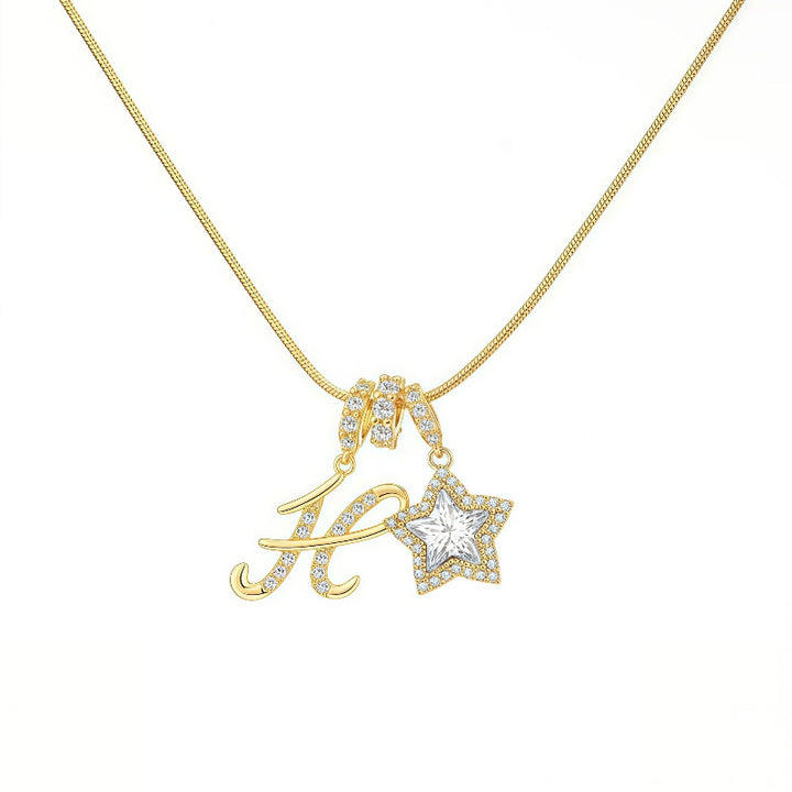 Cursive Initial Letter Diamond Star Pendant Necklace, 26‑Alphabet Snake Chain Necklace