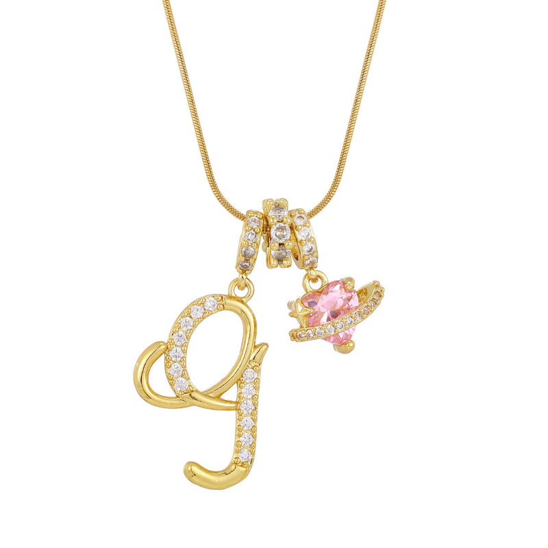26 Letters Cursive Initial Pink Heart Planet Charm Gold Snake Chain Necklace