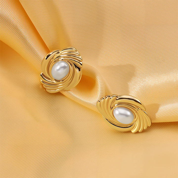 18K Gold Swirl Pearl Stud Earrings, Abstract Twisted Minimalist Earrings