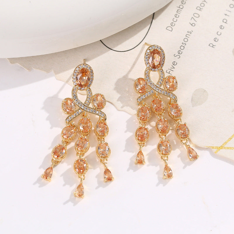 Long Tassel Halo Gemstone Drop Earrings Collection, Silver & Gold Tone Formal Statement Jewelry