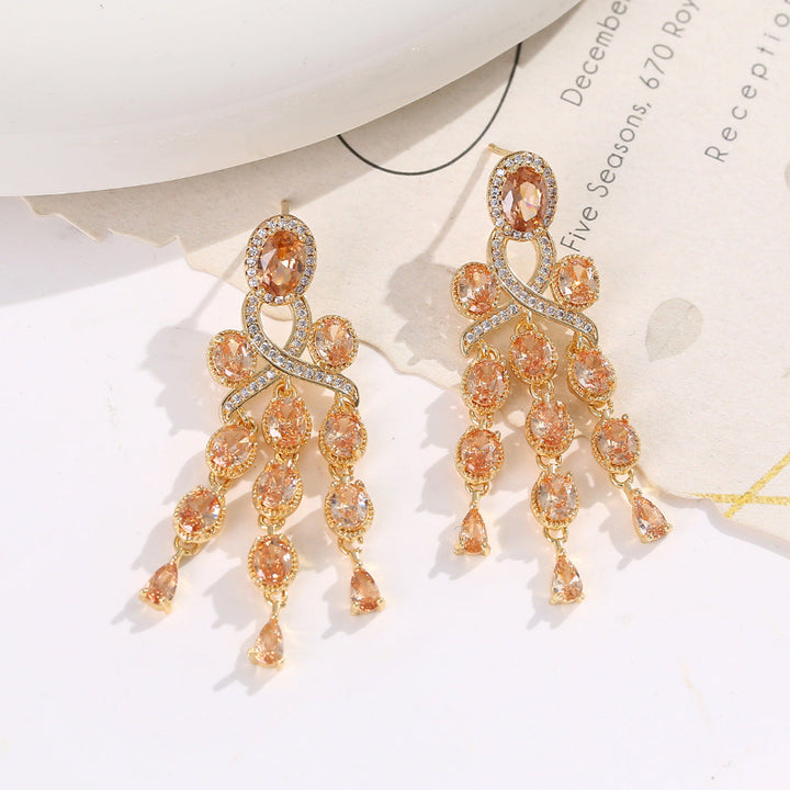 Long Tassel Halo Gemstone Drop Earrings Collection, Silver & Gold Tone Formal Statement Jewelry