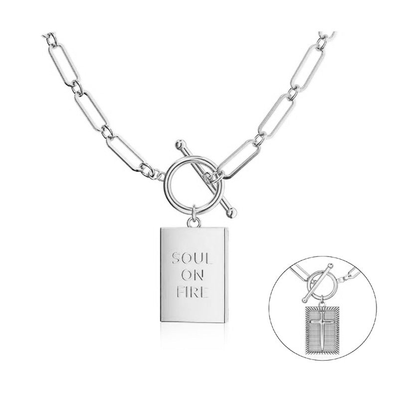 Paperclip Chain Toggle Clasp Rectangular Tag Pendant Necklace, Engraved Back Layerable Daily Fashion Jewelry