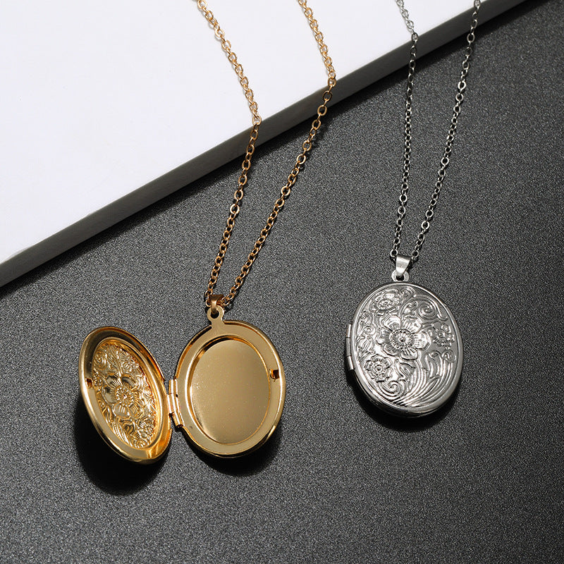 Vintage Floral Engraved Photo Locket Necklace, Stylish Patterned Collarbone Necklace