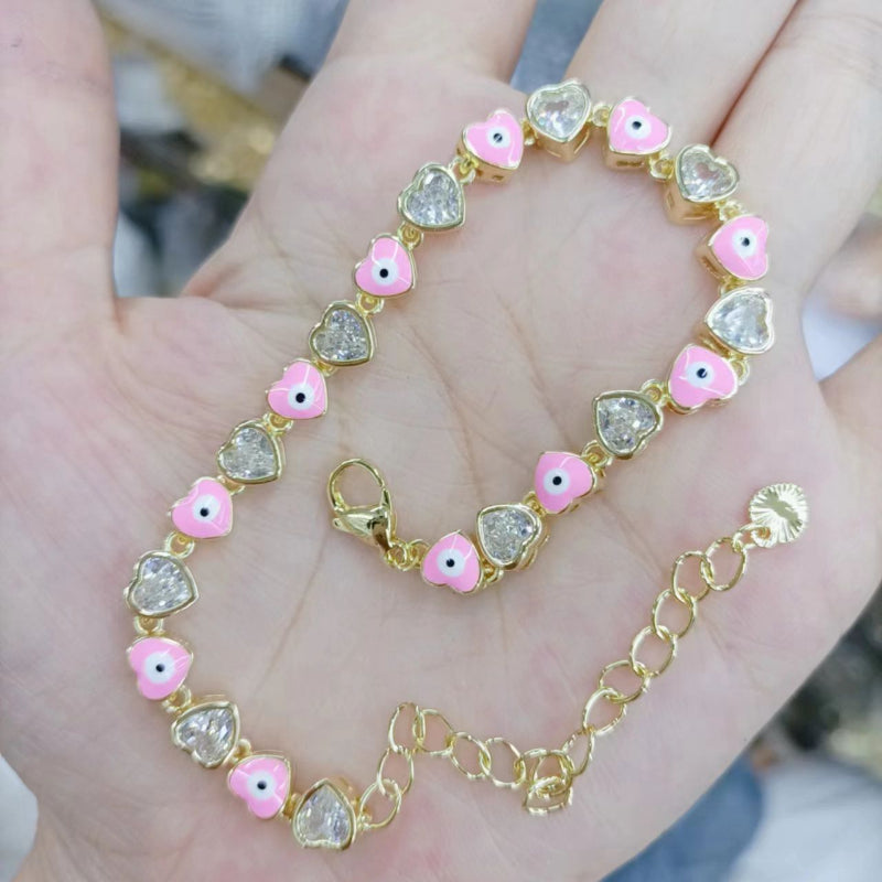 Multi-Color Enamel Evil Eye Heart Diamond Bracelet, Dainty Stackable Protection Symbol Women Coquette Wrist Jewelry