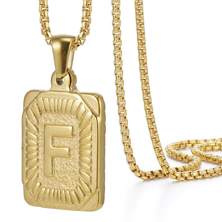 A-Z Vintage Sunburst Initial Tag Pendant Necklace, Personalized Men Women Hip Hop Stackable Statement Jewelry