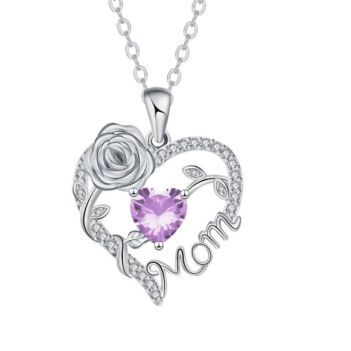 Mom Rose Heart Diamond Pendant Necklace, Hollow Open Heart Floral Jewelry Gift For Mother’s Day Birthday