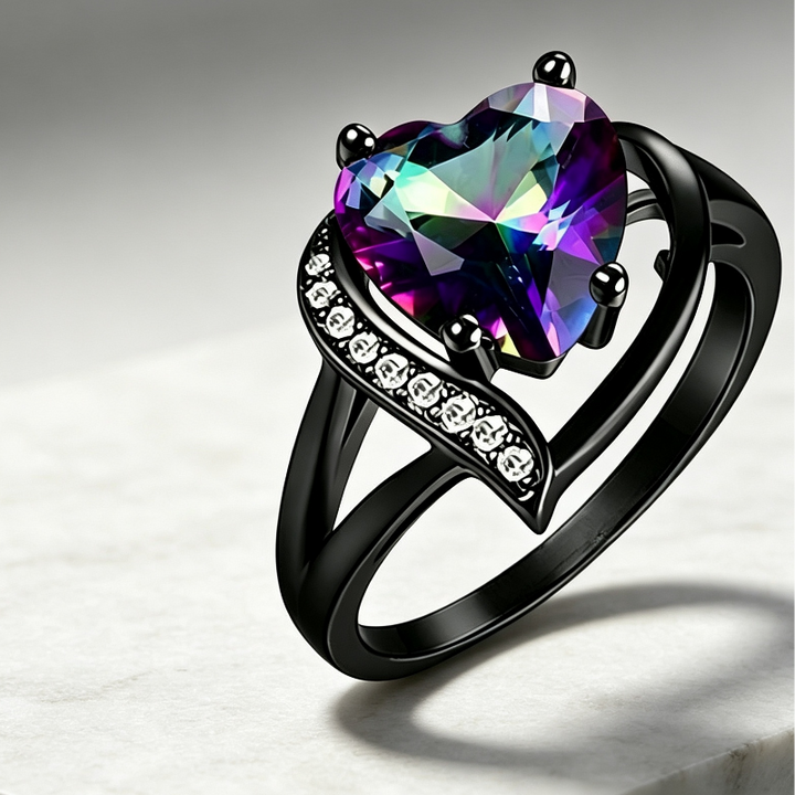 Black Tungsten Galaxy Inlay & Heart Gem Ring Collection, Gothic Promise Wedding Band Sets