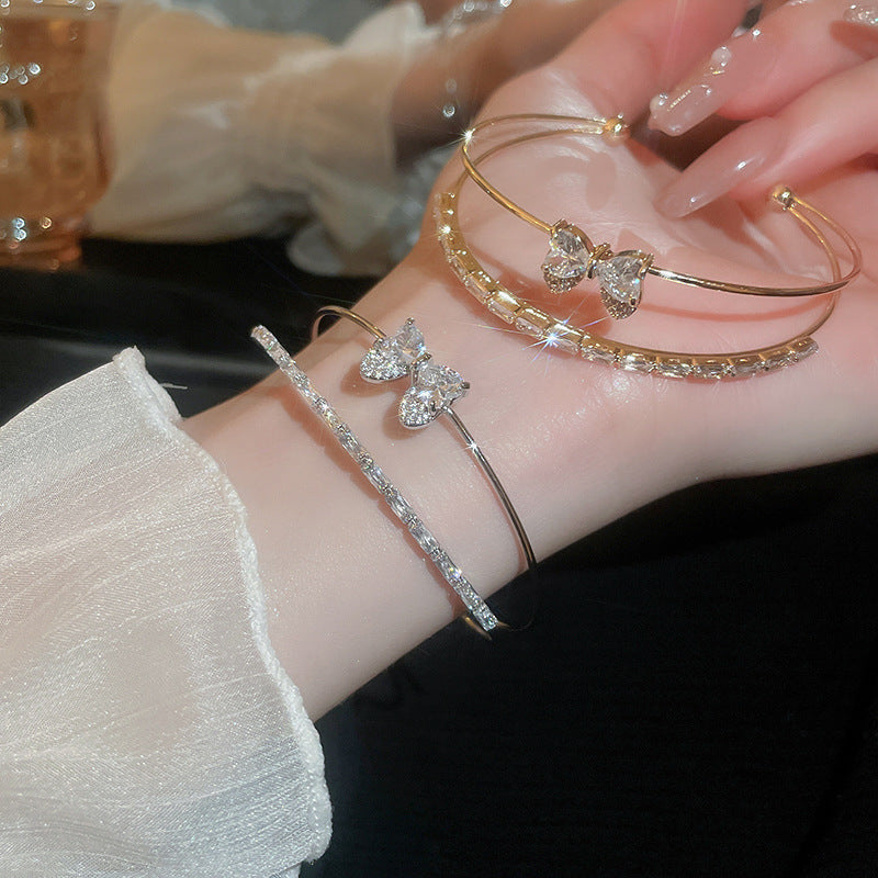 Double Layer Butterfly Diamond Open Cuff Bangle, Heart Stone Bow Stackable Bracelet