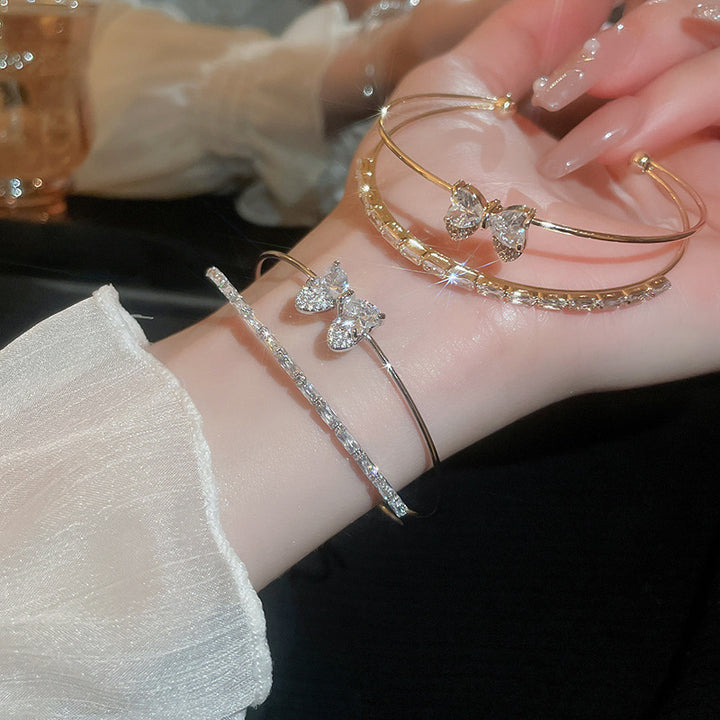 Double Layer Butterfly Diamond Open Cuff Bangle, Heart Stone Bow Stackable Bracelet