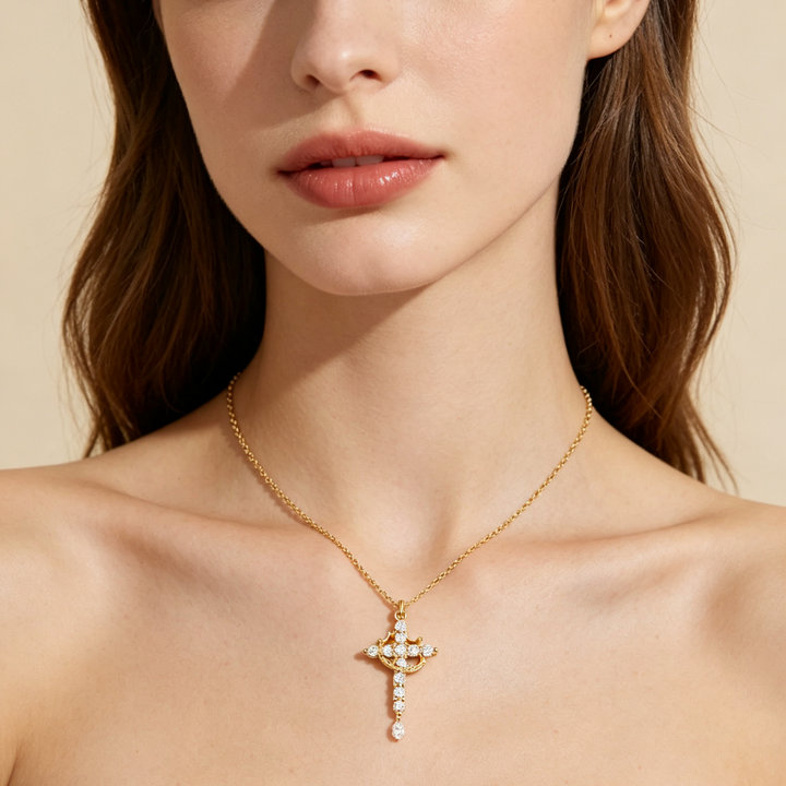 Crown Accent Paved Diamond Cross Necklace, 2 Tone Dainty Faith Collarbone Chain