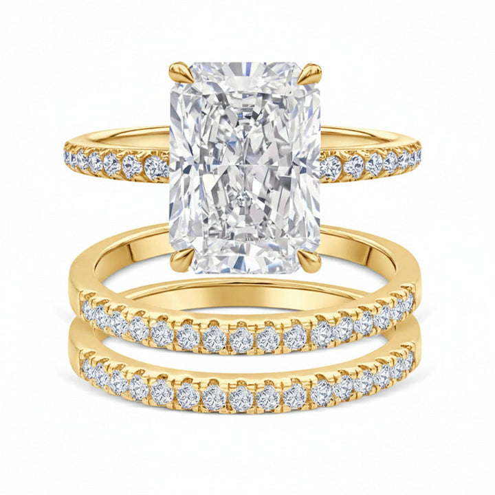 4 Prong Radiant Cut Half Pave Diamond Bridal Stack Ring Set, 2-Tone Gold & Silver Wedding Band Combo