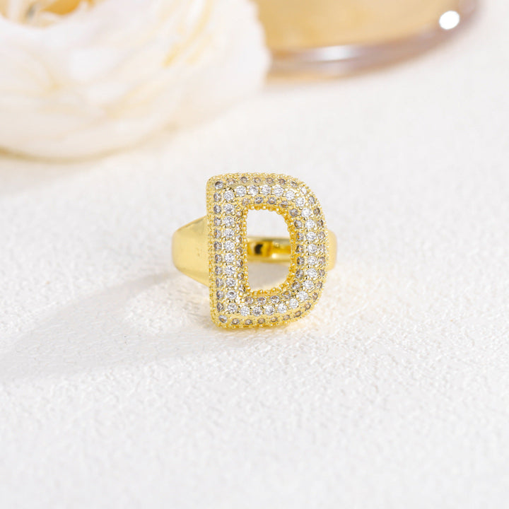 Adjustable Open Iced‑Out Initial Letter Diamond Ring, 26‑Alphabet Statement Unique Style Ring
