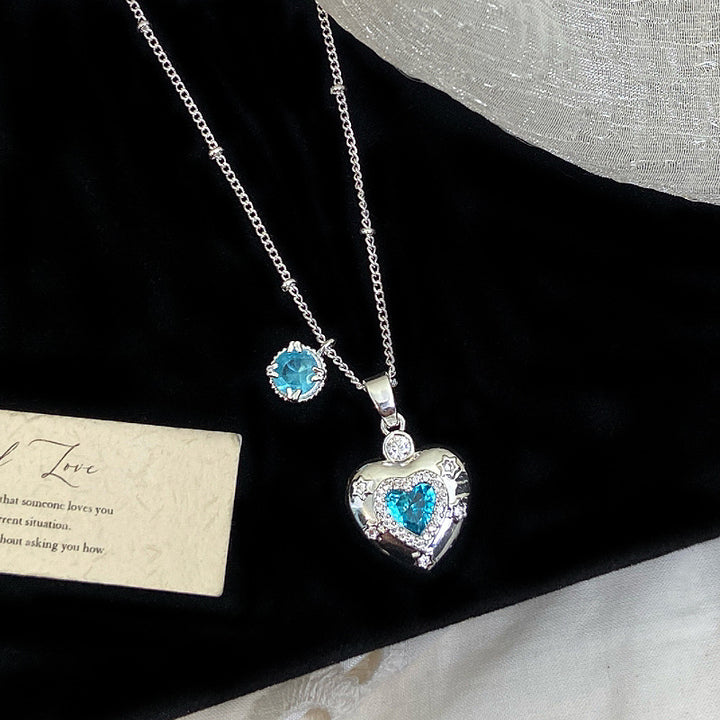 Vintage Heart Locket Jewelry Set, Paved Diamond Photo‑Keep Earring &amp; Necklace With Pearl Detail