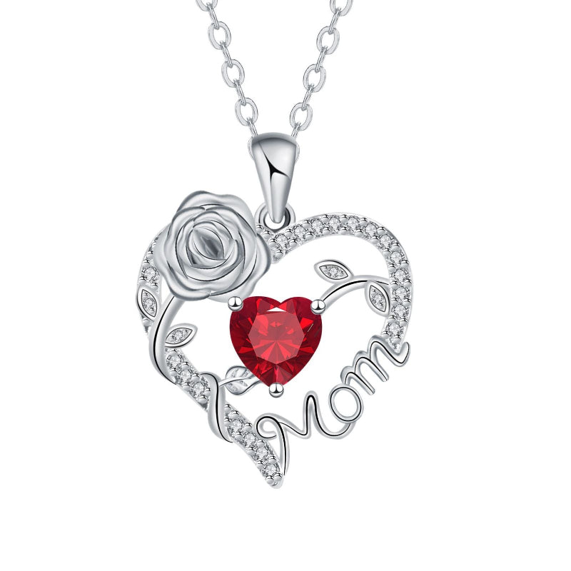 Mom Rose Heart Diamond Pendant Necklace, Hollow Open Heart Floral Jewelry Gift For Mother’s Day Birthday