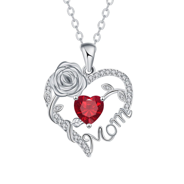 Mom Rose Heart Diamond Pendant Necklace, Hollow Open Heart Floral Jewelry Gift For Mother’s Day Birthday