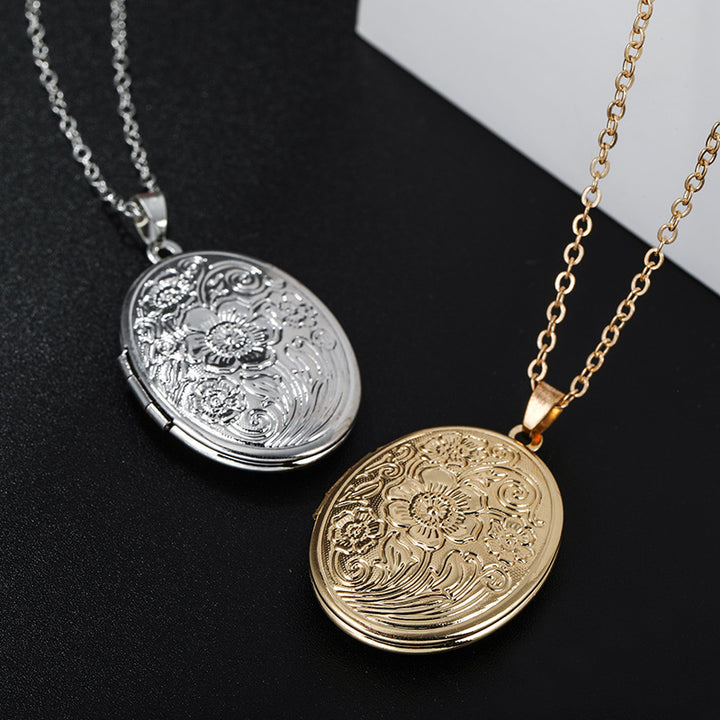 Vintage Floral Engraved Photo Locket Necklace, Stylish Patterned Collarbone Necklace