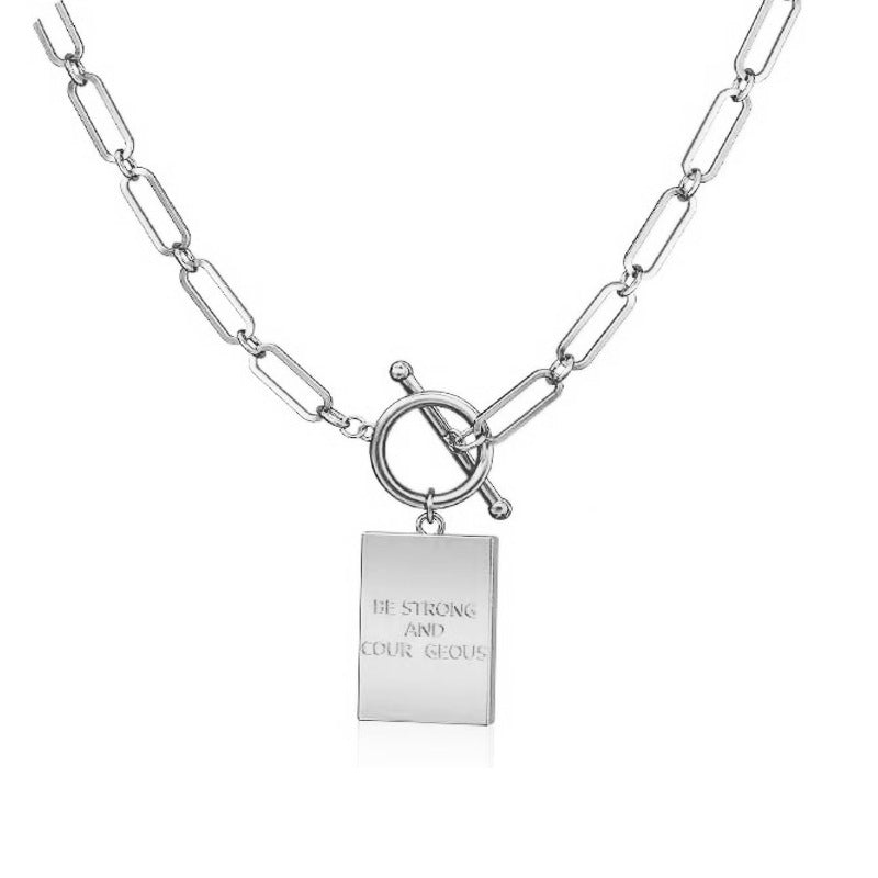 Paperclip Chain Toggle Clasp Rectangular Tag Pendant Necklace, Engraved Back Layerable Daily Fashion Jewelry