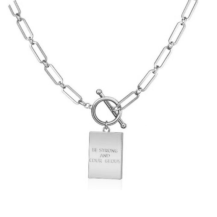Paperclip Chain Toggle Clasp Rectangular Tag Pendant Necklace, Engraved Back Layerable Daily Fashion Jewelry