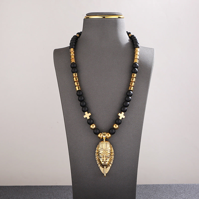 Black Onyx Gold Mask Necklace, Pendant Beaded Stackable Sweater Chain Jewelry
