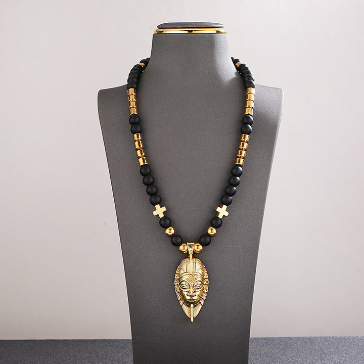 Black Onyx Gold Mask Necklace, Pendant Beaded Stackable Sweater Chain Jewelry