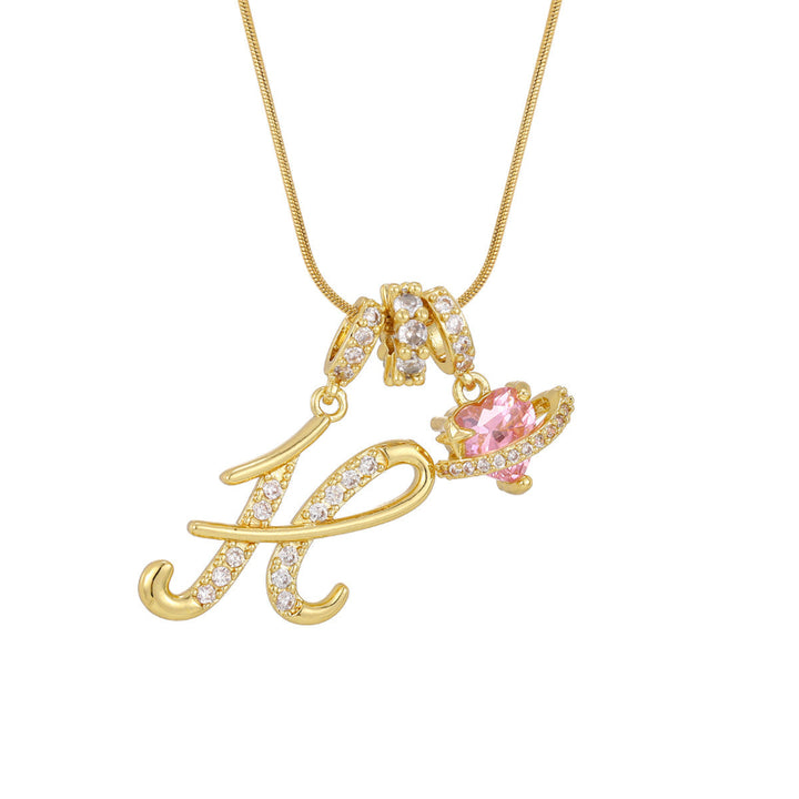 26 Letters Cursive Initial Pink Heart Planet Charm Gold Snake Chain Necklace