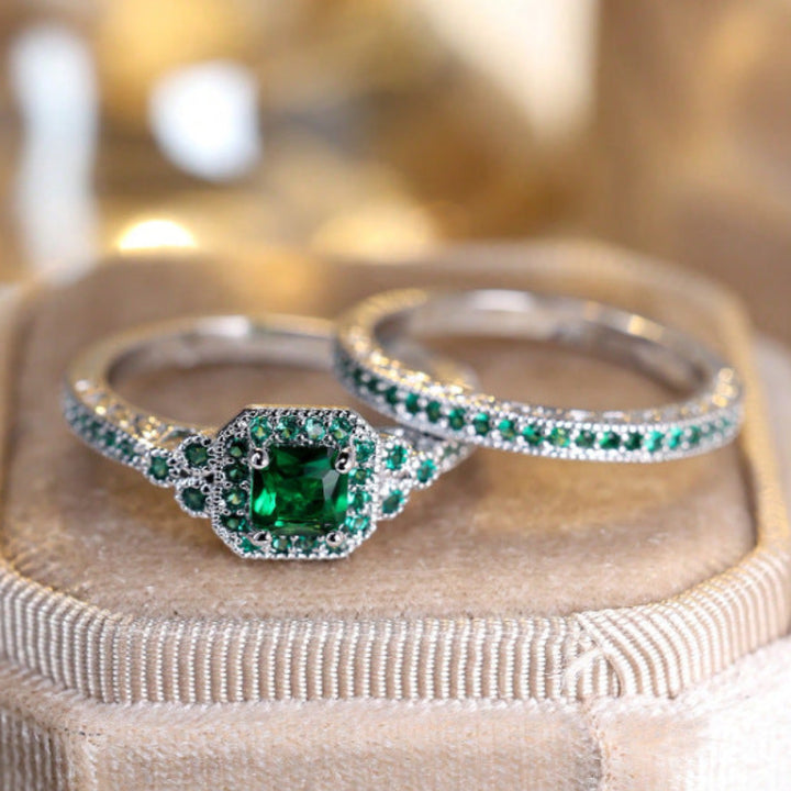 Cushion Cut Halo Bridal Ring Duo, Vintage Pave Stackable Stackable rings