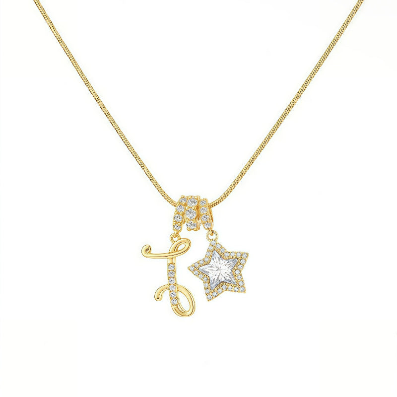 Cursive Initial Letter Diamond Star Pendant Necklace, 26‑Alphabet Snake Chain Necklace