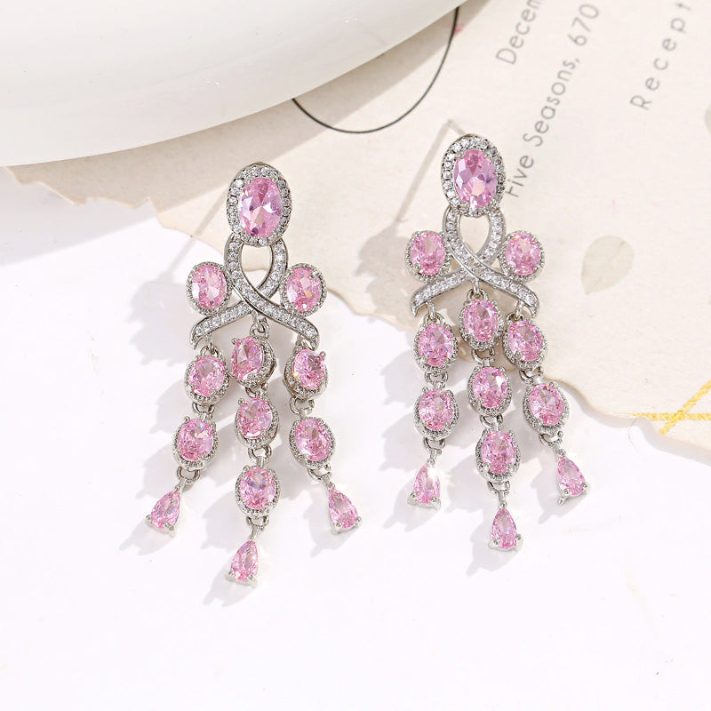 Long Tassel Halo Gemstone Drop Earrings Collection, Silver & Gold Tone Formal Statement Jewelry