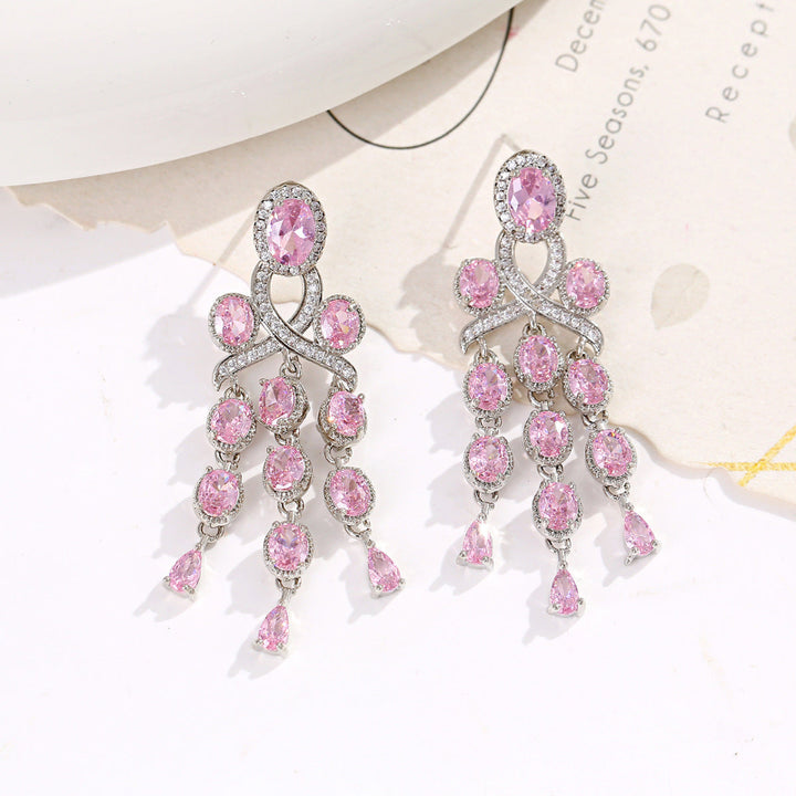 Long Tassel Halo Gemstone Drop Earrings Collection, Silver & Gold Tone Formal Statement Jewelry
