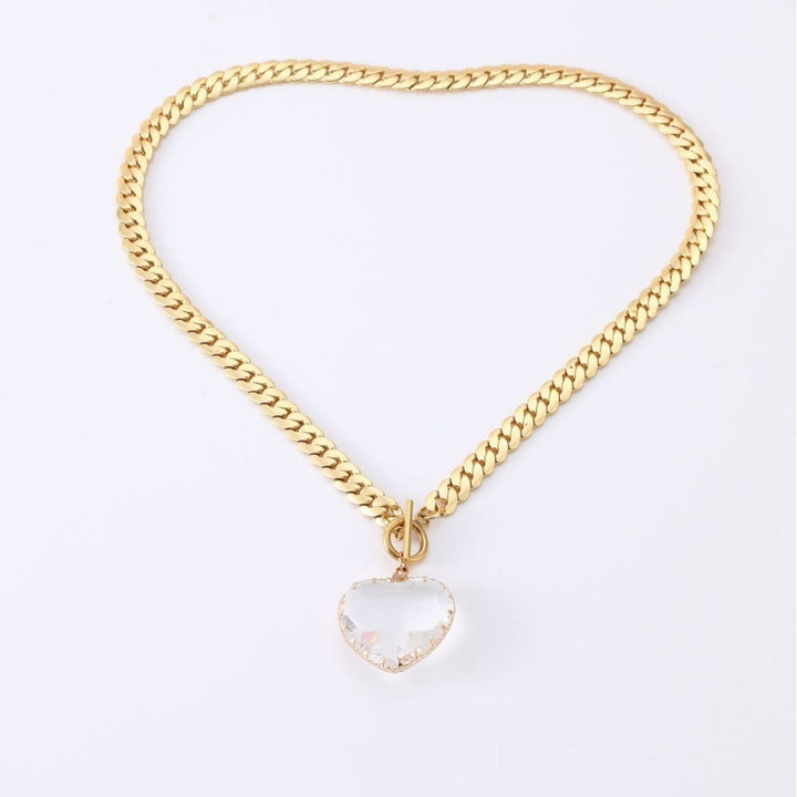 Oversized Faceted Heart Gem Curb Chain Toggle Choker, Cuban Link Love Statement Necklace For Women